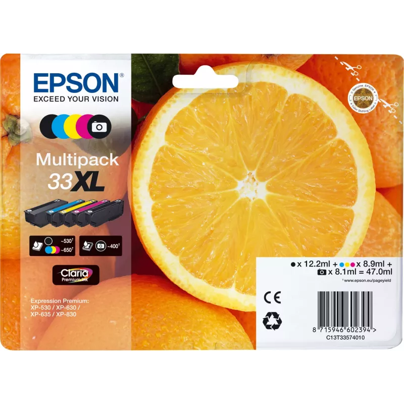 Epson Oranges Multipack 5 kolorów 33XL Claria Premium Ink, wysoki (XL) wydatek, czarny, czarny fotograficzny, cyjan, magenta, żółty, atrament pigmentowy, atrament barwnikowy, 12.2 ml, 8.9 ml
