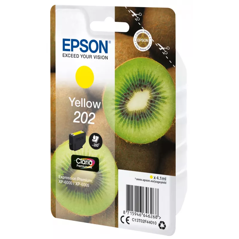 Epson Kiwi Singlepack żółty 202 Claria Premium Ink, Standard Yield, żółty, atrament pigmentowy, 4.1 ml, 1 szt., 300 stron