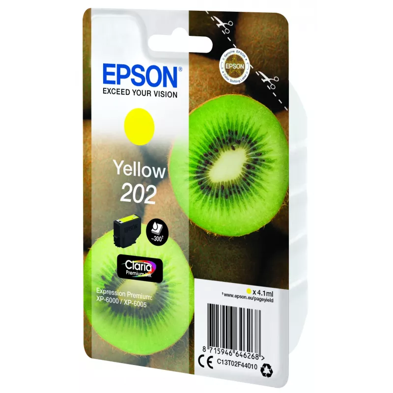 Epson Kiwi Singlepack żółty 202 Claria Premium Ink, Standard Yield, żółty, atrament pigmentowy, 4.1 ml, 1 szt., 300 stron