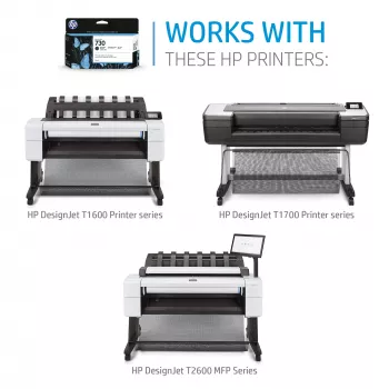 HP 730 130-ml żółty DesignJet wkład atramentowy, HP DesignJet T1700 seria drukarek, Termiczny atramentowy, Żółty, Singapur, 202 mm, 129 mm