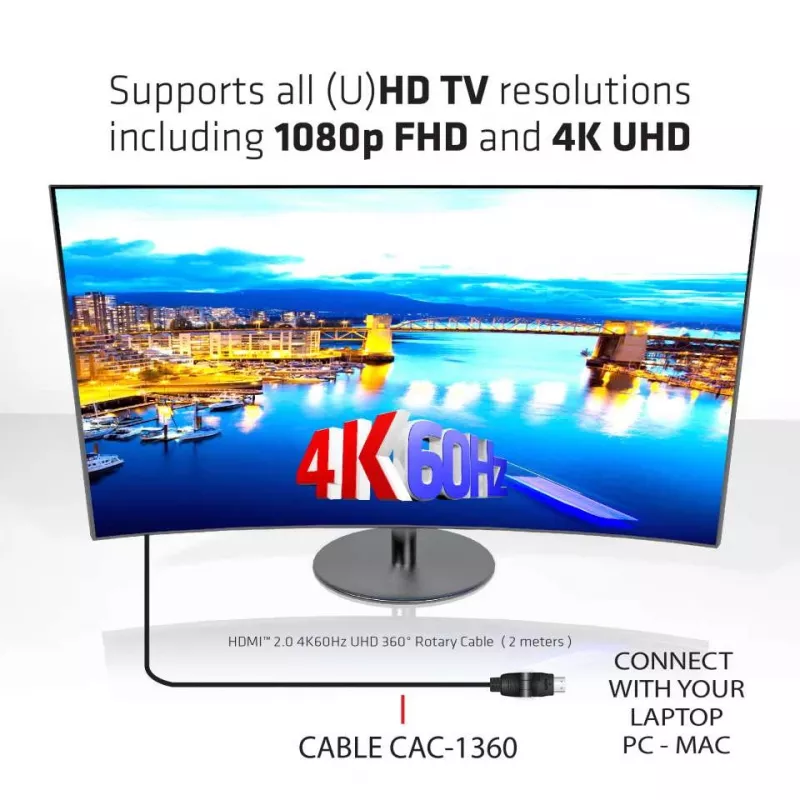 CLUB3D HDMI 2.0 4K60Hz UHD 360° obrotowy kabel 2m/6.74ft