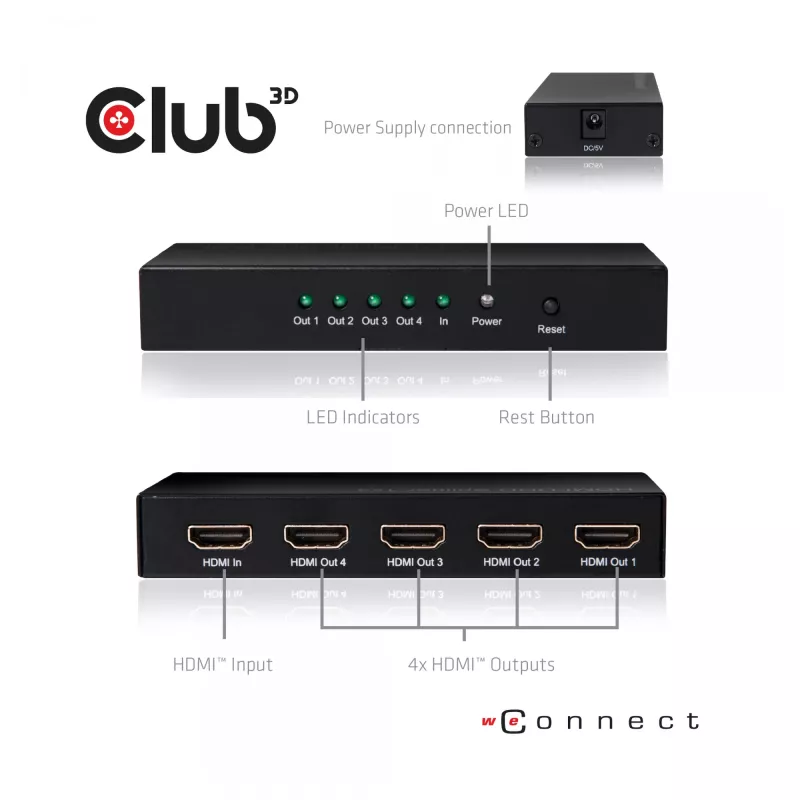 CLUB3D Rozdzielacz HDMI™ 4K@60Hz UHD z zasilaczem sieciowym, 4 porty