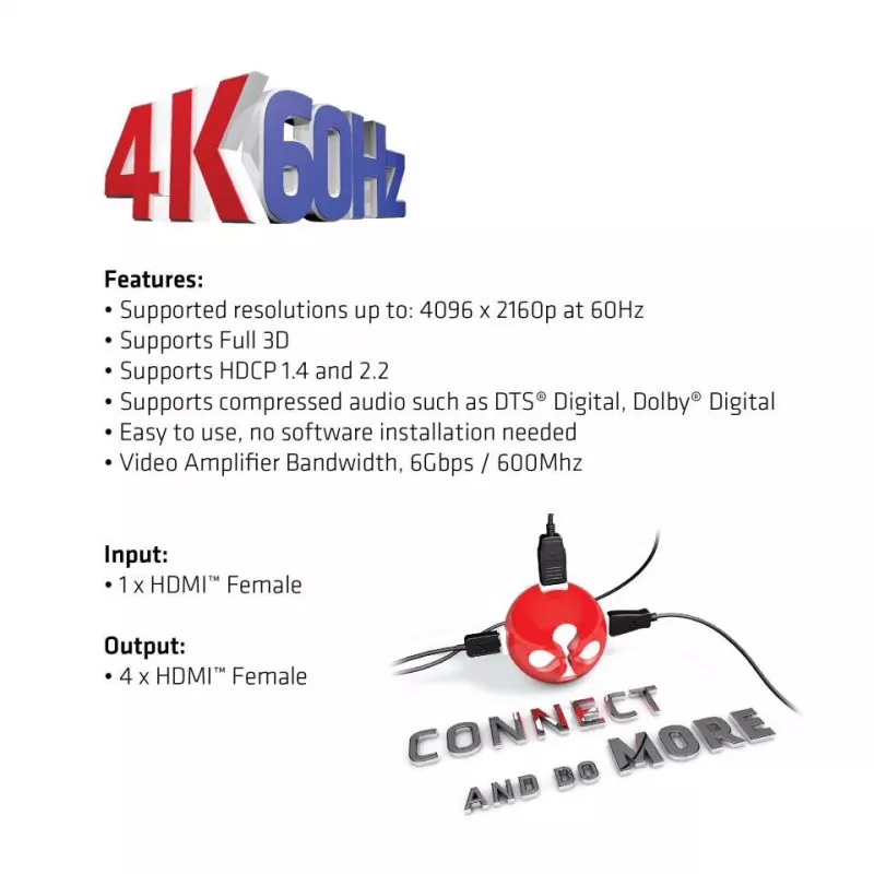 CLUB3D Rozdzielacz HDMI™ 4K@60Hz UHD z zasilaczem sieciowym, 4 porty