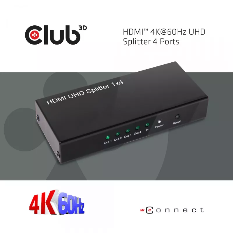 CLUB3D Rozdzielacz HDMI™ 4K@60Hz UHD z zasilaczem sieciowym, 4 porty