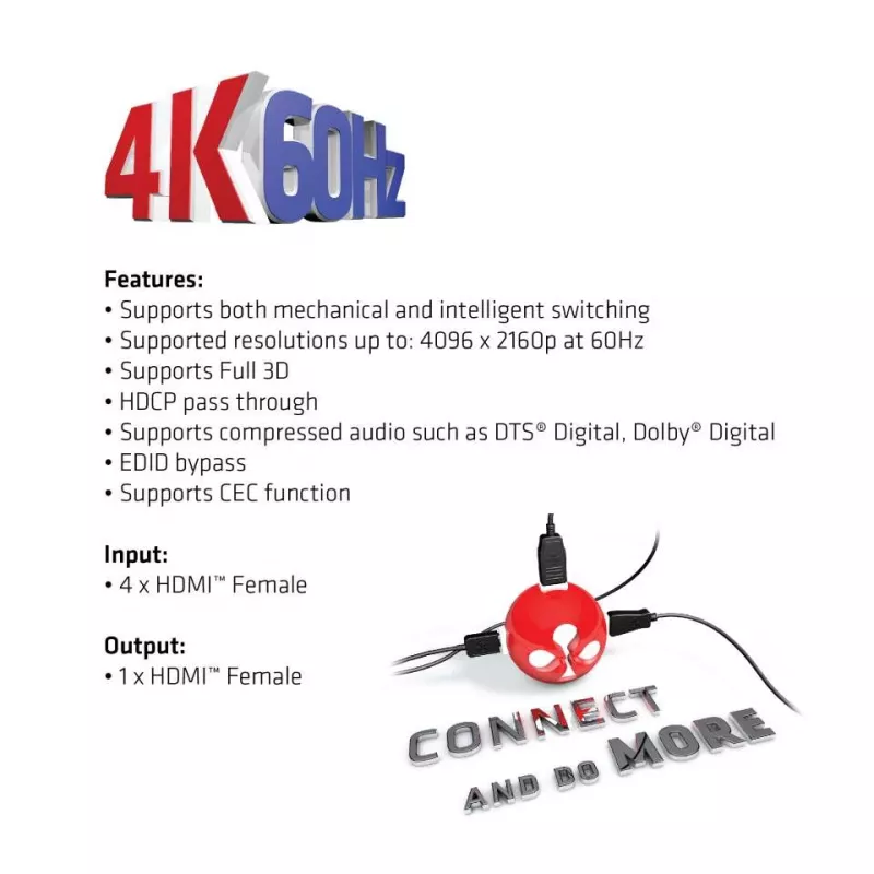 CLUB3D HDMI™ 2.0 UHD 4K60Hz SwitchBox 4 porty z pilotem IR