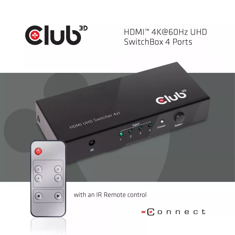 CLUB3D HDMI™ 2.0 UHD 4K60Hz SwitchBox 4 porty z pilotem IR
