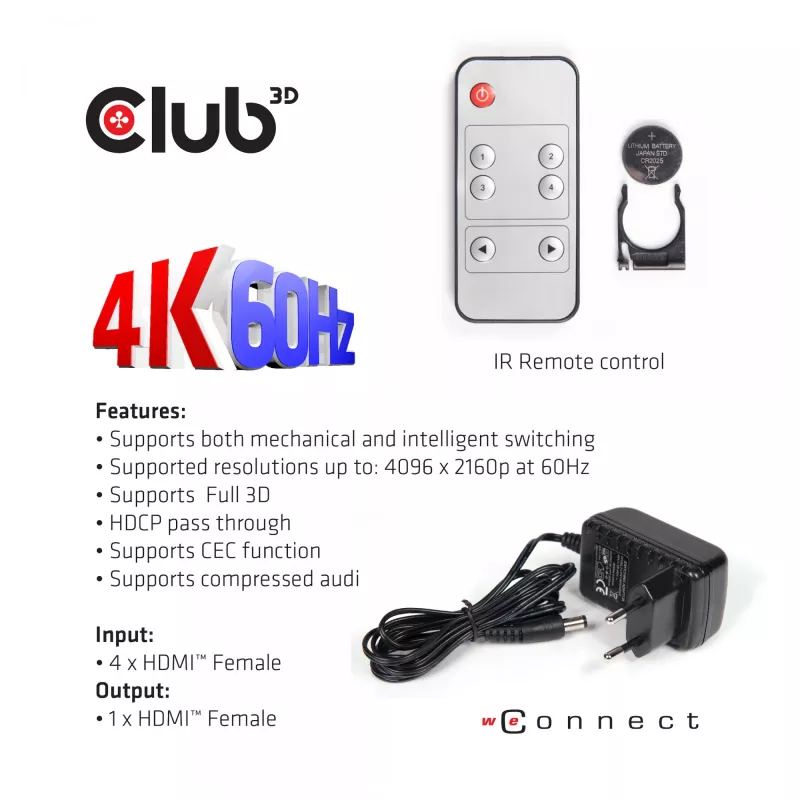 CLUB3D HDMI™ 2.0 UHD 4K60Hz SwitchBox 4 porty z pilotem IR
