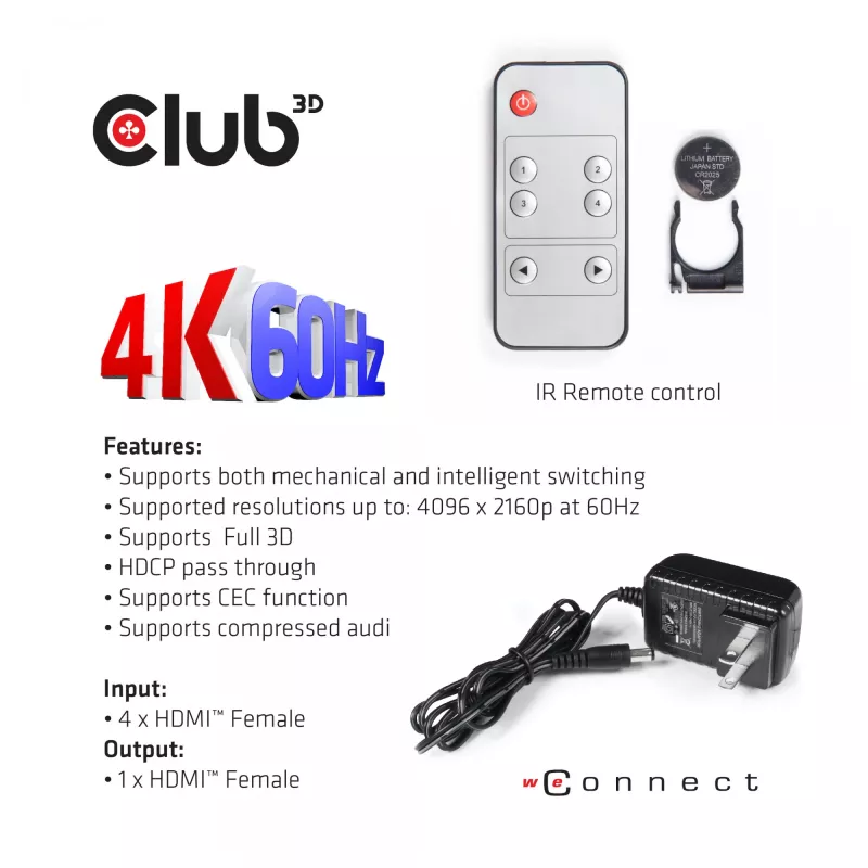 CLUB3D HDMI™ 2.0 UHD 4K60Hz SwitchBox 4 porty z pilotem IR