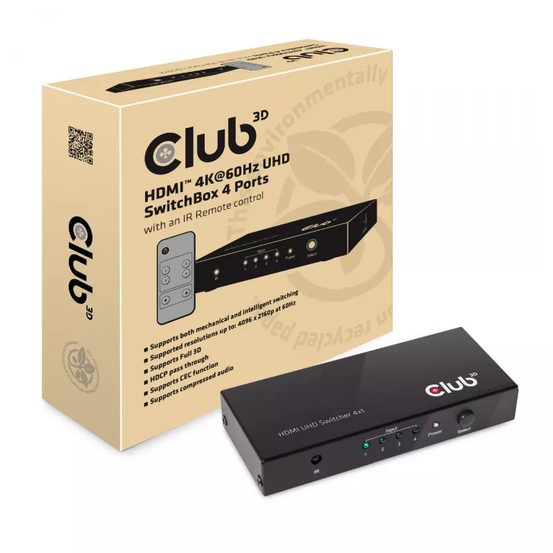 CLUB3D HDMI™ 2.0 UHD 4K60Hz SwitchBox 4 porty z pilotem IR
