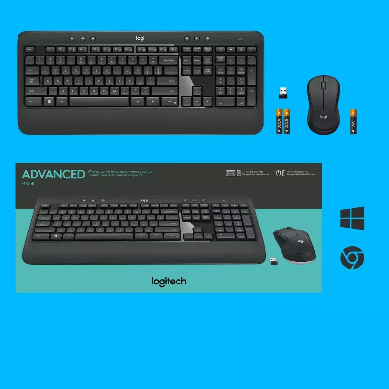 Bezprzewodowy zestaw klawiatury i myszy Logitech MK540 Advanced — pełnowymiarowa klawiatura QWERTY, odbiornik USB, układ US, ergonomiczna mysz, czarno-biały