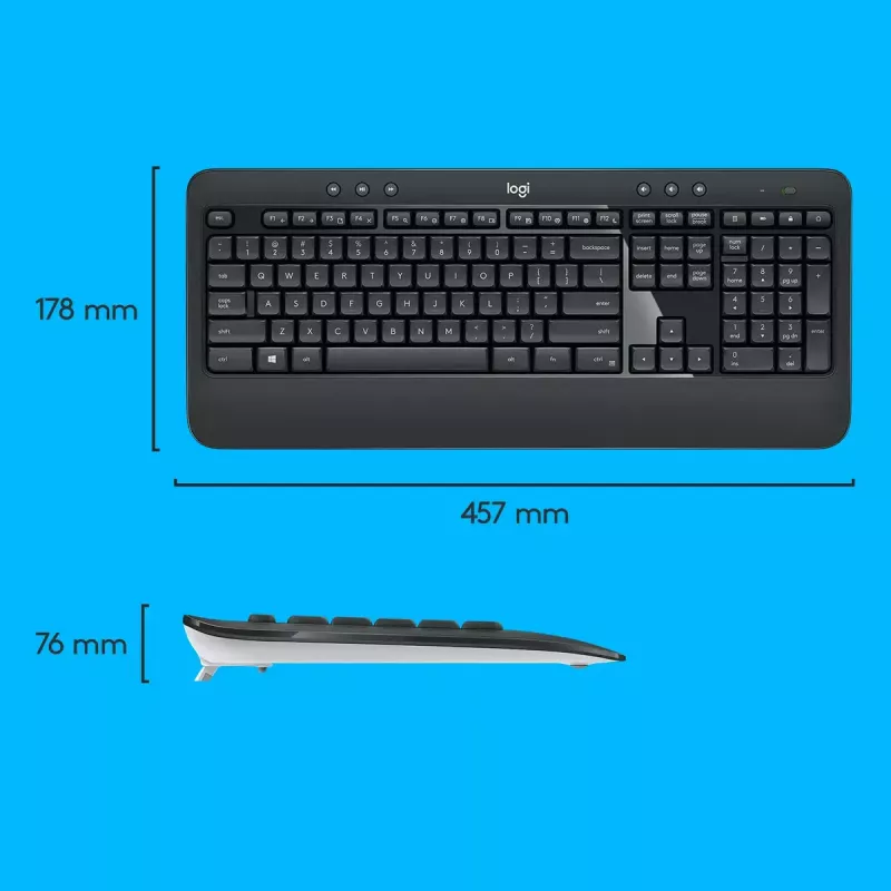 Bezprzewodowy zestaw klawiatury i myszy Logitech MK540 Advanced — pełnowymiarowa klawiatura QWERTY, odbiornik USB, układ US, ergonomiczna mysz, czarno-biały