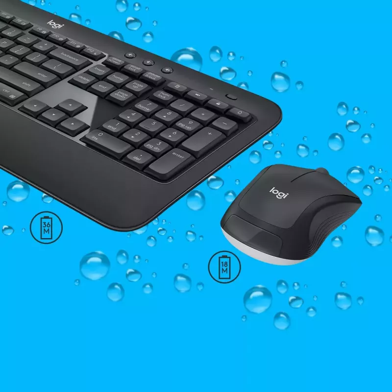 Bezprzewodowy zestaw klawiatury i myszy Logitech MK540 Advanced — pełnowymiarowa klawiatura QWERTY, odbiornik USB, układ US, ergonomiczna mysz, czarno-biały