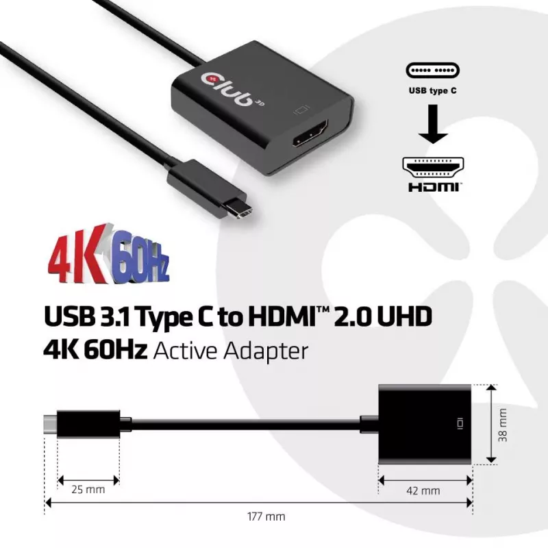 Adapter aktywny USB 3.1 Type C na HDMI 2.0 UHD 4K 60Hz CLUB3D CAC-2504