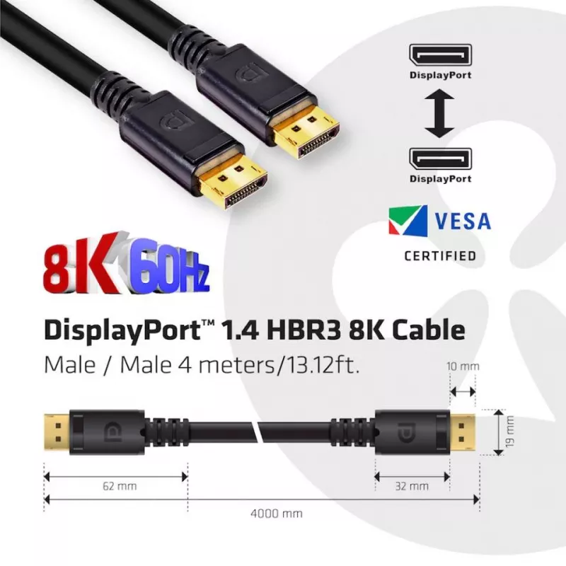CLUB3D DisplayPort 1.4 HBR3 8K kabel M/M 4m /13.12ft, 4 m, DisplayPort, DisplayPort, Męski, Męski, 7680 x 4320 pikseli