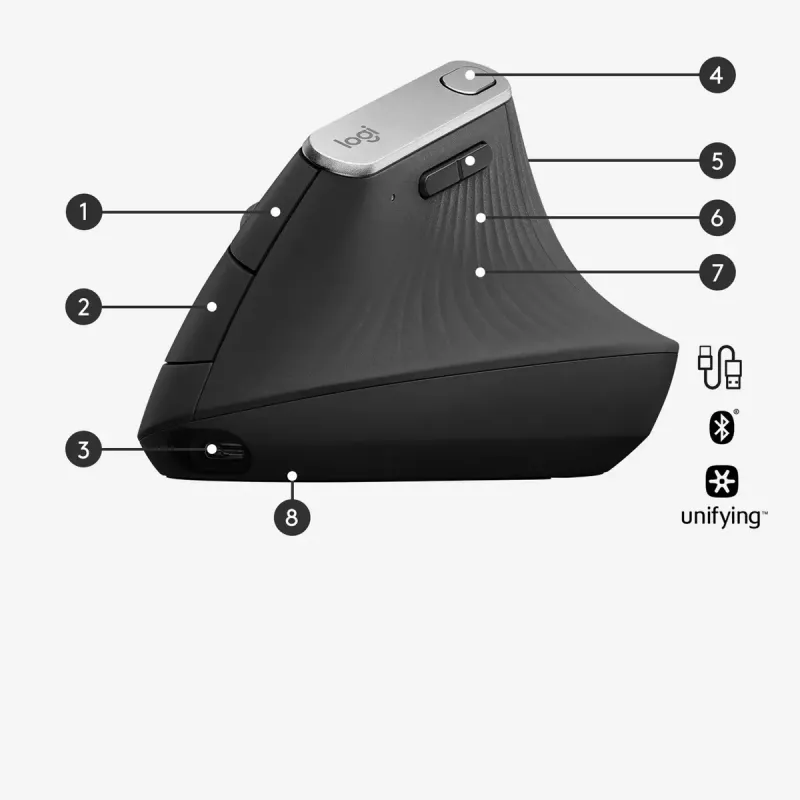 Ergonomiczna mysz bezprzewodowa Logitech MX Vertical, MX Vertical, 4000 DPI, RF Wireless + Bluetooth, praworęczna, grafit, do biura