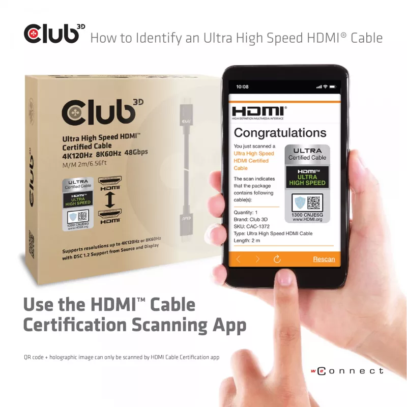CLUB3D Ultra High Speed HDMI 4K120Hz, 8K60Hz Certified kabel 48Gbps M/M 2 m / 6.56 ft