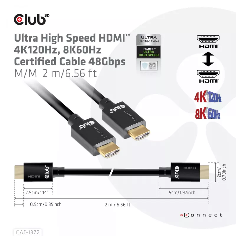 CLUB3D Ultra High Speed HDMI 4K120Hz, 8K60Hz Certified kabel 48Gbps M/M 2 m / 6.56 ft