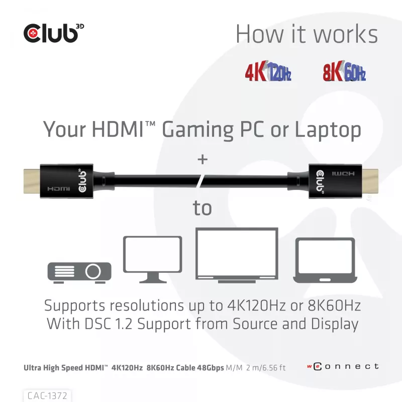 CLUB3D Ultra High Speed HDMI 4K120Hz, 8K60Hz Certified kabel 48Gbps M/M 2 m / 6.56 ft