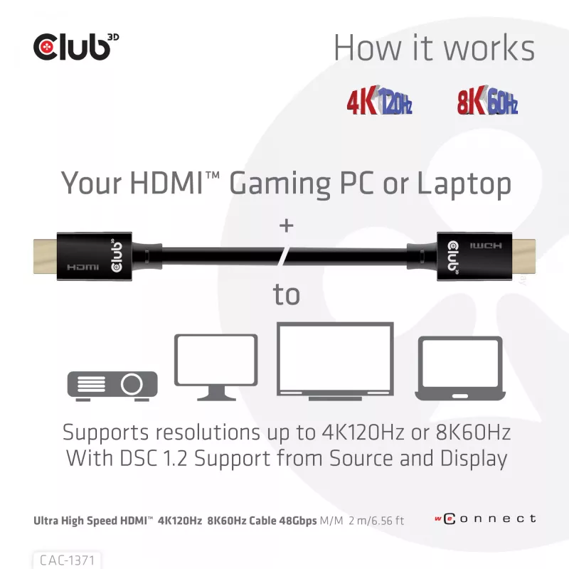 CLUB3D Ultra High Speed HDMI 4K120Hz, 8K60Hz certyfikowany kabel 48Gbps M/M 1 m/3.28 ft