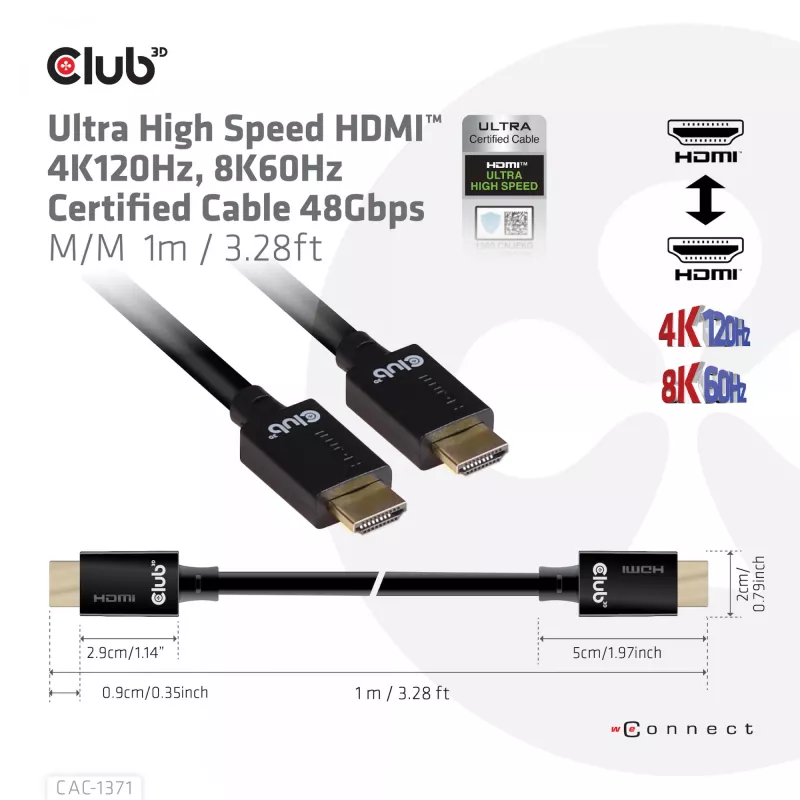 CLUB3D Ultra High Speed HDMI 4K120Hz, 8K60Hz certyfikowany kabel 48Gbps M/M 1 m/3.28 ft