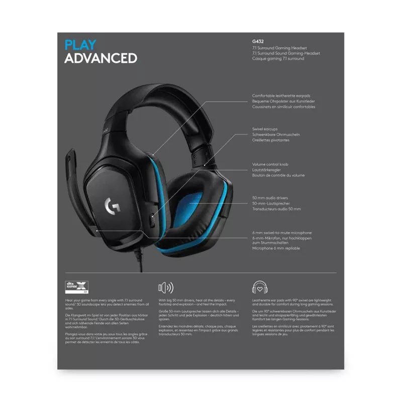 LOGITECH G432 - USB / 3.5mm - Game-headset - 7.1 Surround - niebieski