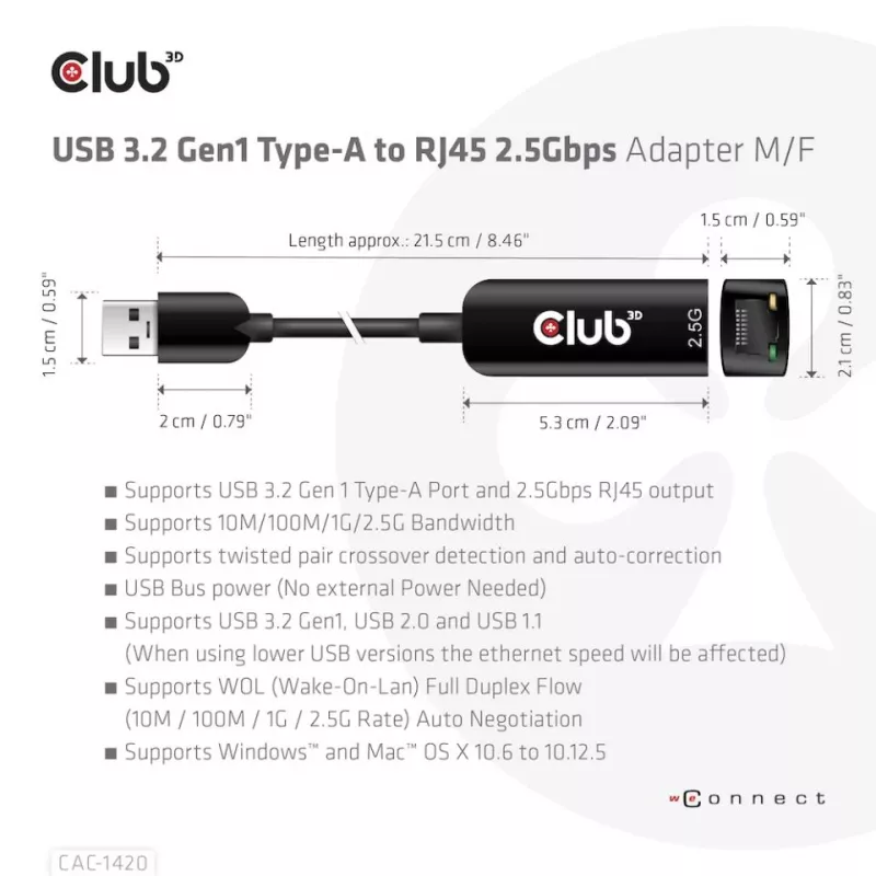 CLUB3D USB 3.2 Gen1 Typ A do RJ45 2.5Gbps adapter