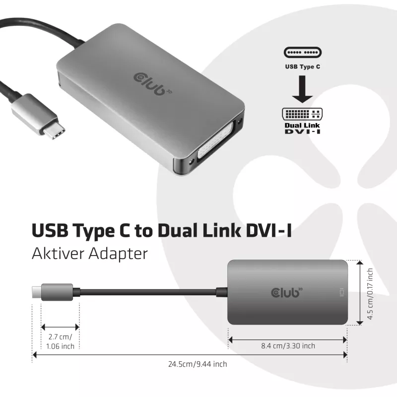 CLUB3D USB3.2 Gen1 Type-C na Dual Link DVI-D HDCP ON wersja Aktywny Adapter M/F