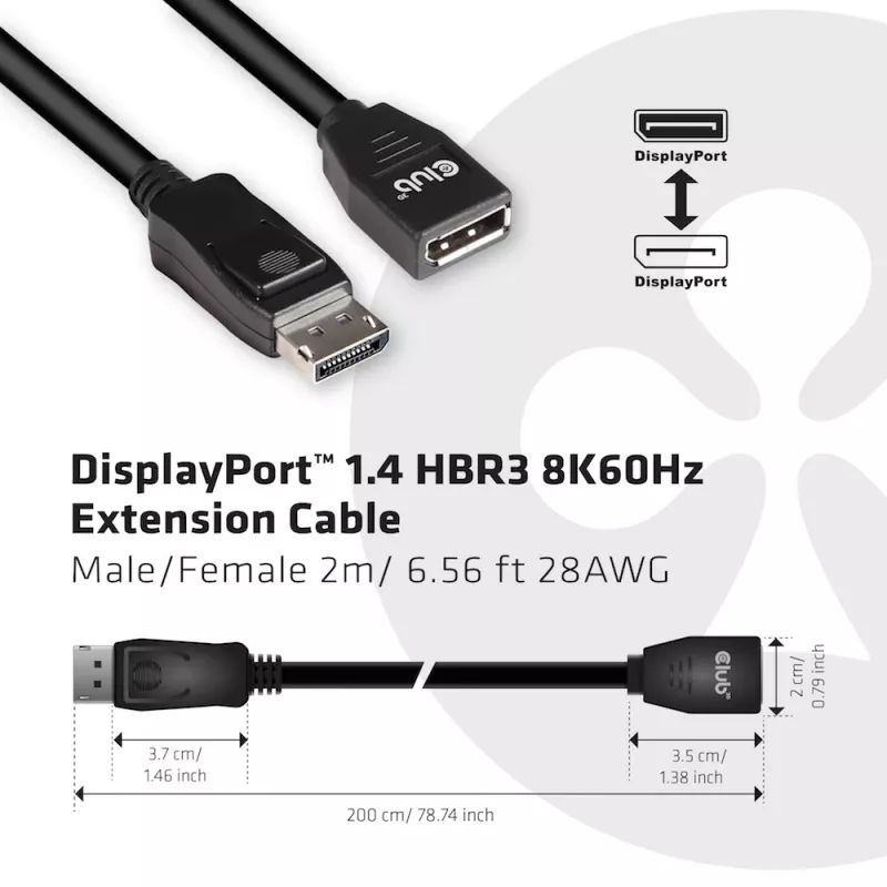 Kabel przedłużający CLUB3D DisplayPort 1.4 HBR3, 8K60Hz, M/Ż, 2 m