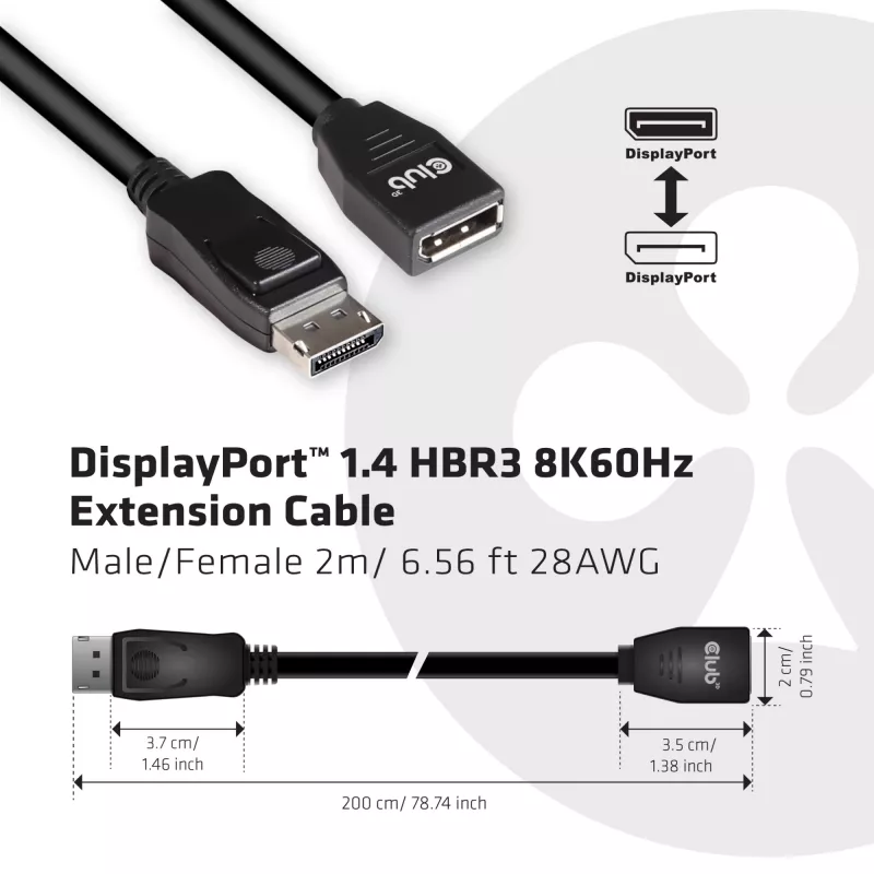 Kabel przedłużający CLUB3D DisplayPort 1.4 HBR3, 8K60Hz, M/Ż, 2 m