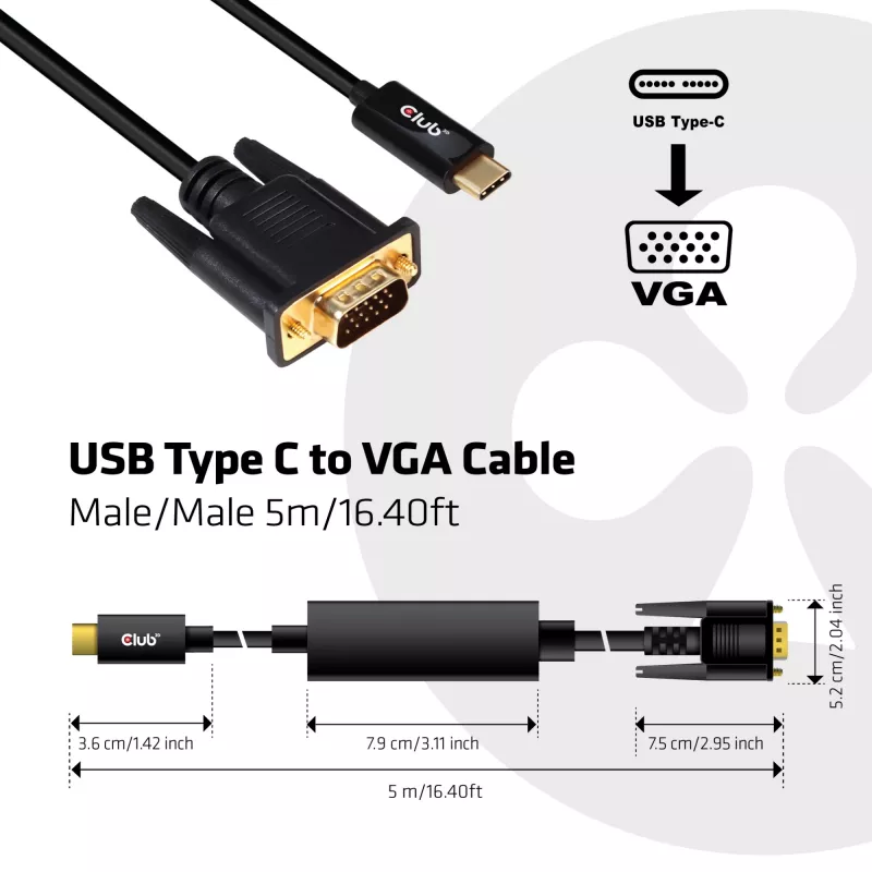 USB Type C to VGA Active kabel M/M CLUB3D CAC-1512 5m