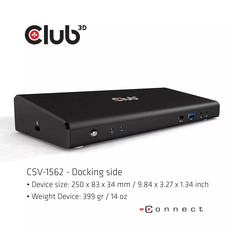 CLUB3D CSV-1562 to uniwersalna stacja dokująca USB3.2 Gen1 Type-C z potrójnym wyjściem 4K30Hz, certyfikowana DisplayLink®. Uniwersalna stacja dokująca z ładowaniem
