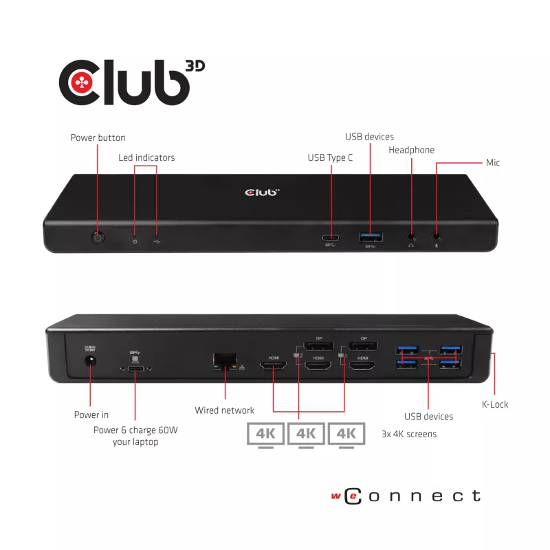 CLUB3D CSV-1562 to uniwersalna stacja dokująca USB3.2 Gen1 Type-C z potrójnym wyjściem 4K30Hz, certyfikowana DisplayLink®. Uniwersalna stacja dokująca z ładowaniem