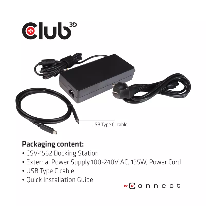 CLUB3D CSV-1562 to uniwersalna stacja dokująca USB3.2 Gen1 Type-C z potrójnym wyjściem 4K30Hz, certyfikowana DisplayLink®. Uniwersalna stacja dokująca z ładowaniem