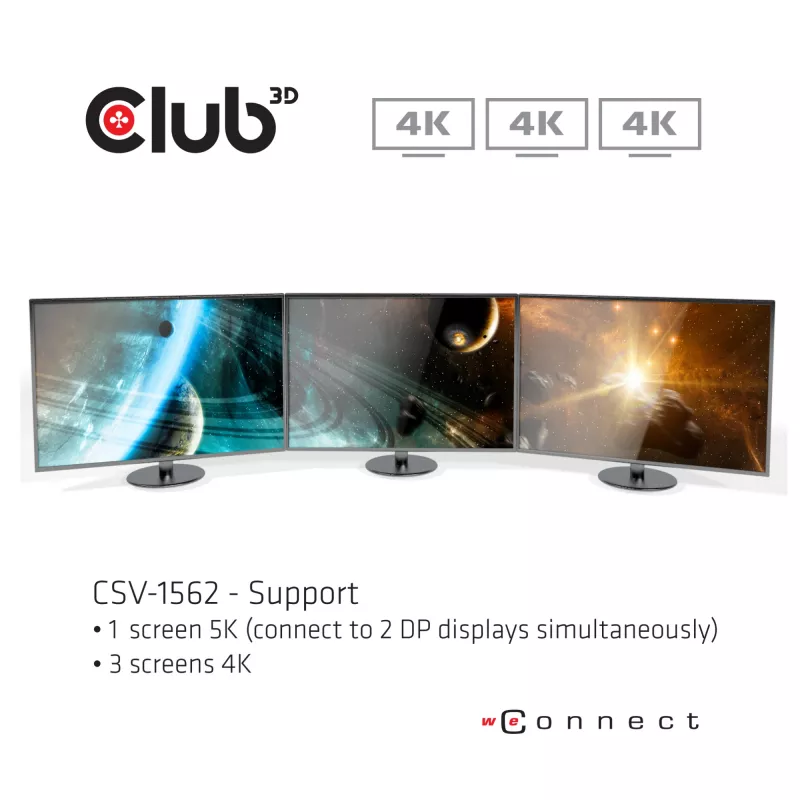 CLUB3D CSV-1562 to uniwersalna stacja dokująca USB3.2 Gen1 Type-C z potrójnym wyjściem 4K30Hz, certyfikowana DisplayLink®. Uniwersalna stacja dokująca z ładowaniem