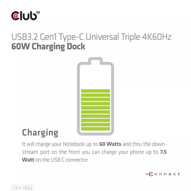 CLUB3D CSV-1562 to uniwersalna stacja dokująca USB3.2 Gen1 Type-C z potrójnym wyjściem 4K30Hz, certyfikowana DisplayLink®. Uniwersalna stacja dokująca z ładowaniem
