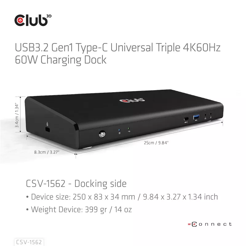 CLUB3D CSV-1562 to uniwersalna stacja dokująca USB3.2 Gen1 Type-C z potrójnym wyjściem 4K30Hz, certyfikowana DisplayLink®. Uniwersalna stacja dokująca z ładowaniem