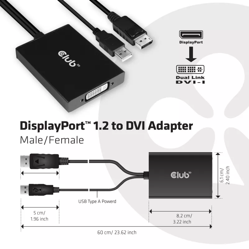 CLUB3D DisplayPort na Dual Link DVI-D z HDCP ON wersja aktywny adapter M/F