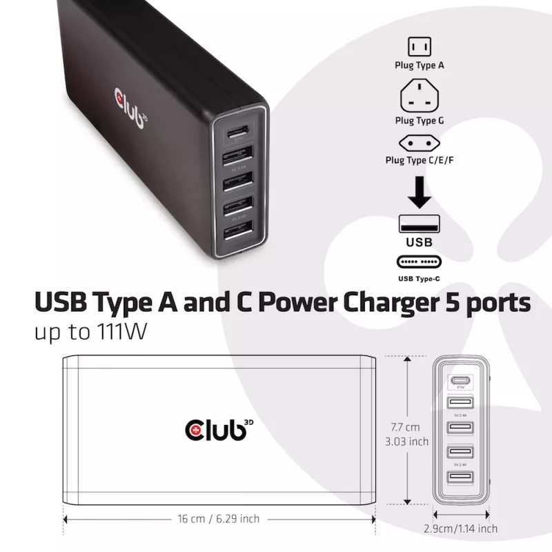 Ładowarka USB CLUB3D typu A i C, 5 portów do 111W