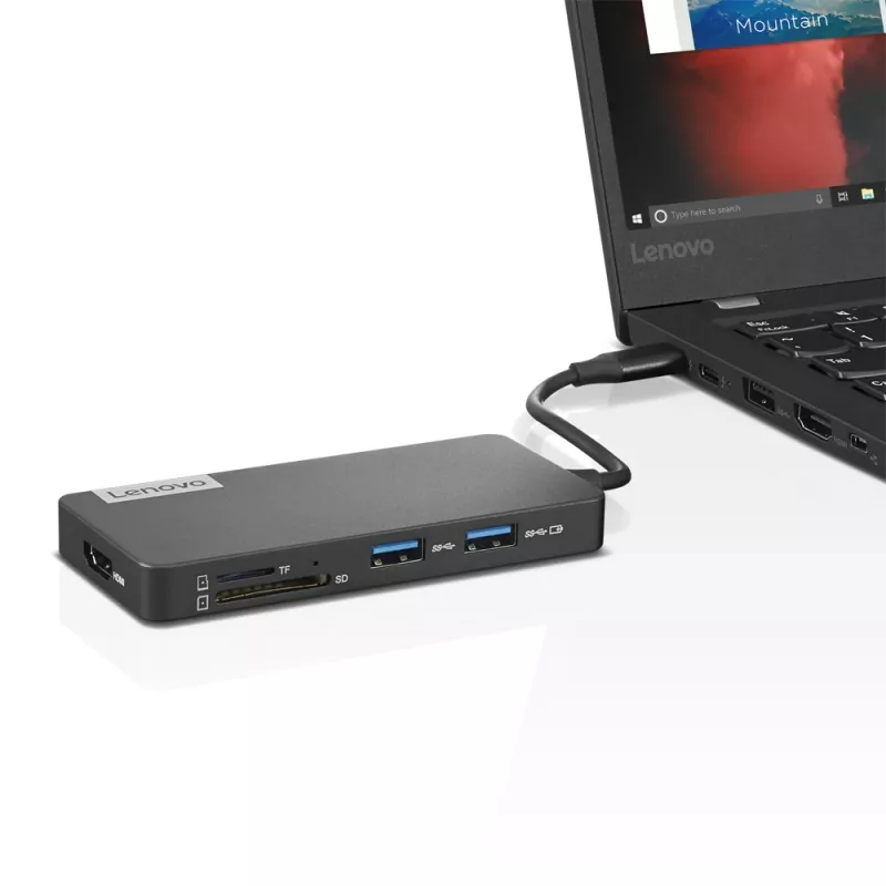 Stacja dokująca Lenovo GX90T77924 — hub USB-C z HDMI 1.4, 2×USB-A 3.2 Gen1, USB‑2.0, czytnik kart microSD, szary