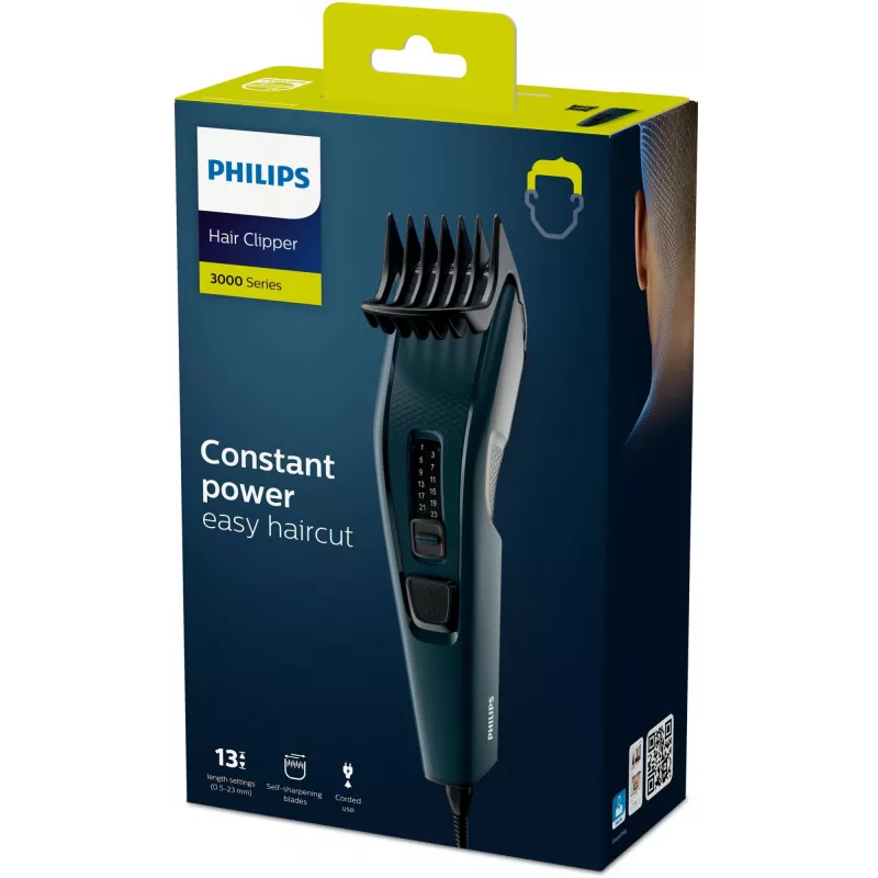 Philips HC3505/15 Hairclipper Series 3000 maszynka do strzyżenia włosów, przewodowa, 13 ustawień długości, 0,5–23 mm, nożyk 41 mm, samoostrzące ostrza ze stali nierdzewnej, czarna
