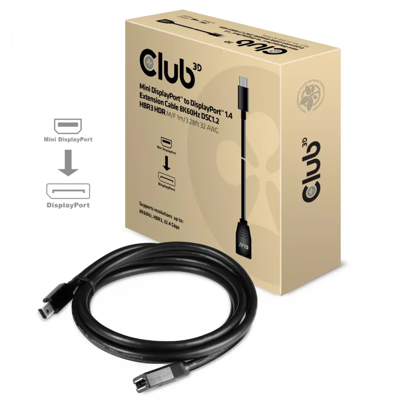 Przedłużacz CLUB3D Mini DisplayPort na DisplayPort 1.4 8K60Hz DSC1.2 HBR3 HDR M/F 1m/3,28 stopy