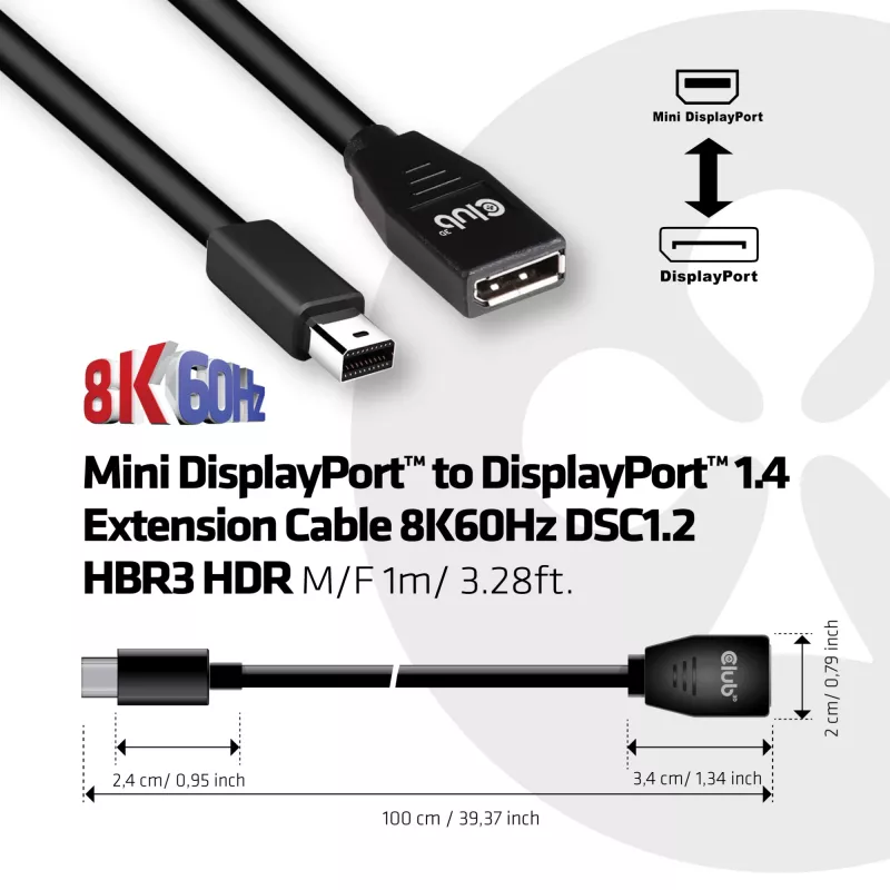 Przedłużacz CLUB3D Mini DisplayPort na DisplayPort 1.4 8K60Hz DSC1.2 HBR3 HDR M/F 1m/3,28 stopy