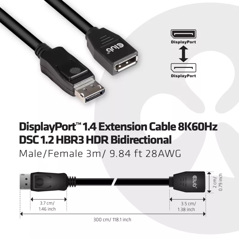 Kabel przedłużający CLUB3D DisplayPort 1.4 8K60Hz DSC 1.2 HBR3 HDR dwukierunkowy M/F 3m/9.84ft