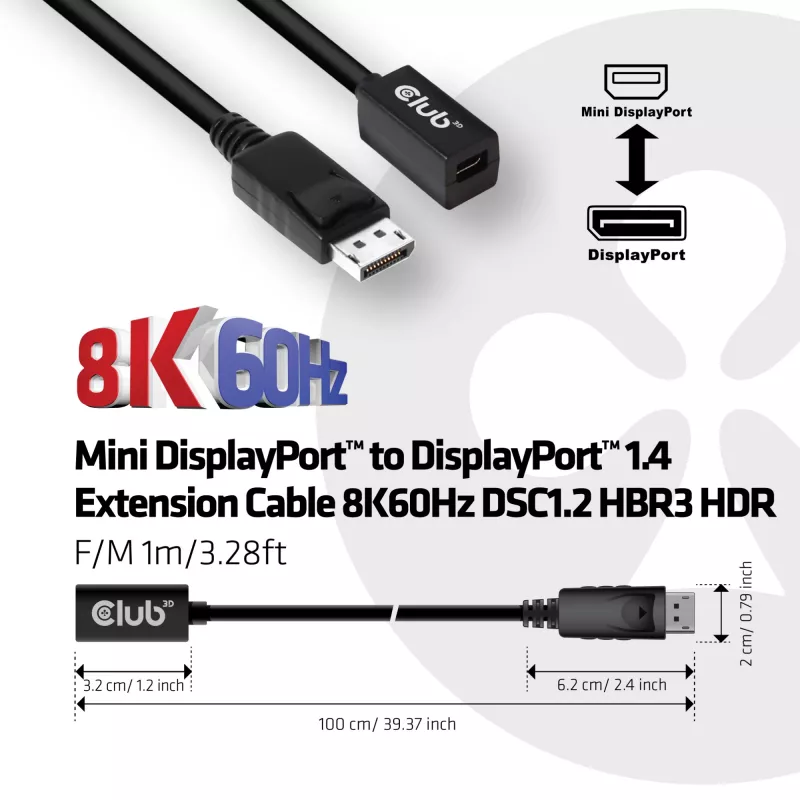 CLUB3D Przedłużacz Mini DisplayPort 1.4 na DisplayPort 8K60Hz DSC 1.2 HBR3 HDR Dwukierunkowy F/M 1m/3,28ft