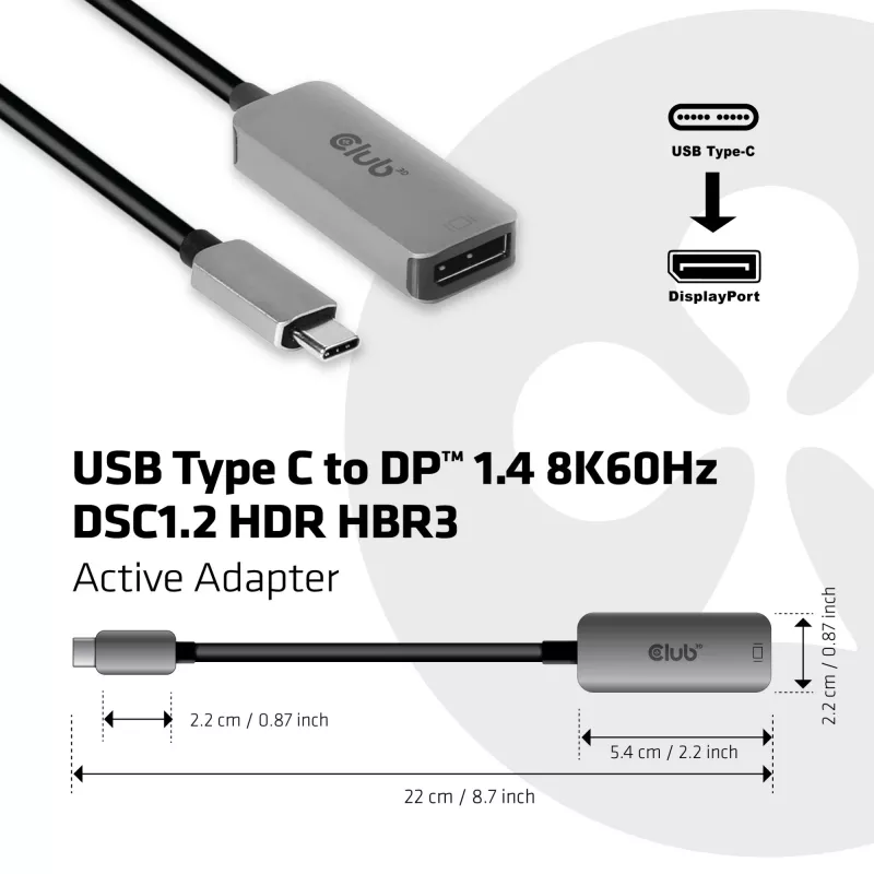 Aktywny adapter CLUB3D USB Type C do DisplayPort 1.4 8K60Hz HBR3