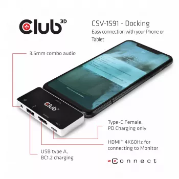 CLUB3D USB Type C 4-w-1 Hub do HDMI™ 4K60Hz USB Type C PD / USB Type A / Gniazdo audio
