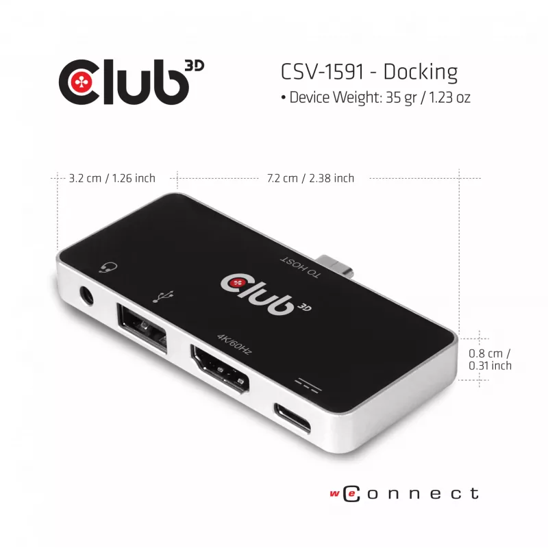 CLUB3D USB Type C 4-w-1 Hub do HDMI™ 4K60Hz USB Type C PD / USB Type A / Gniazdo audio