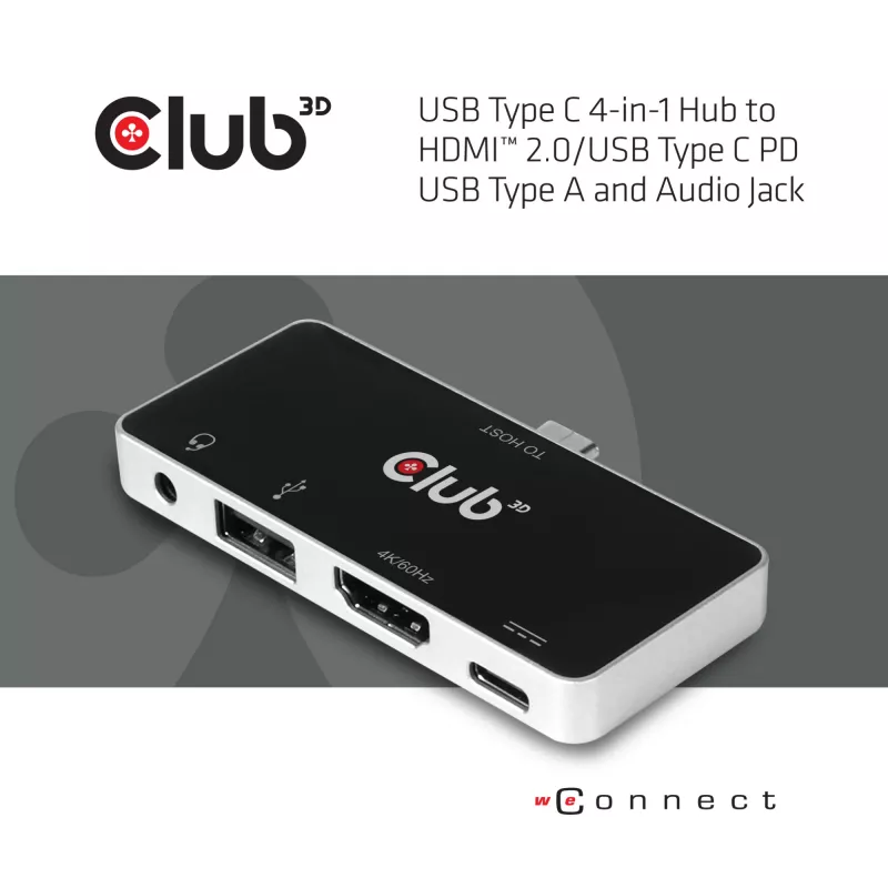 CLUB3D USB Type C 4-w-1 Hub do HDMI™ 4K60Hz USB Type C PD / USB Type A / Gniazdo audio