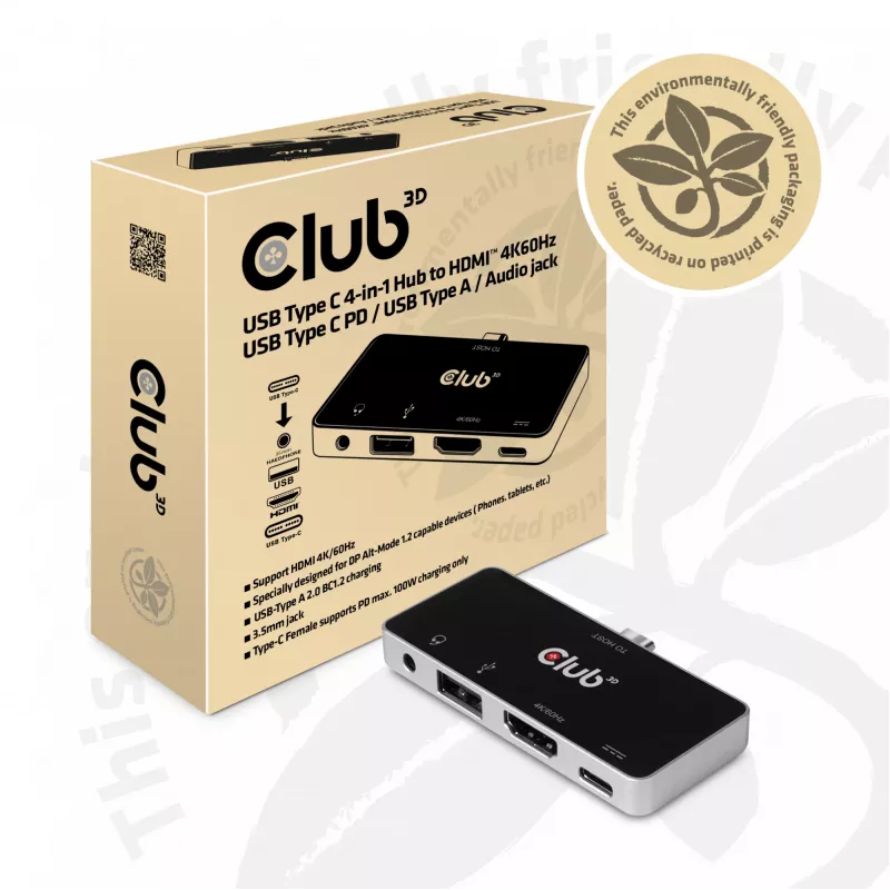 CLUB3D USB Type C 4-w-1 Hub do HDMI™ 4K60Hz USB Type C PD / USB Type A / Gniazdo audio