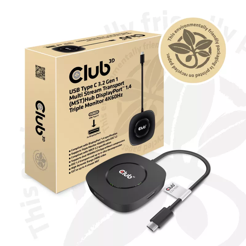 CLUB3D USB Type C 3.2 Gen 1 Multi Stream Transport (MST) Hub DisplayPort 1.4 Triple Monitor